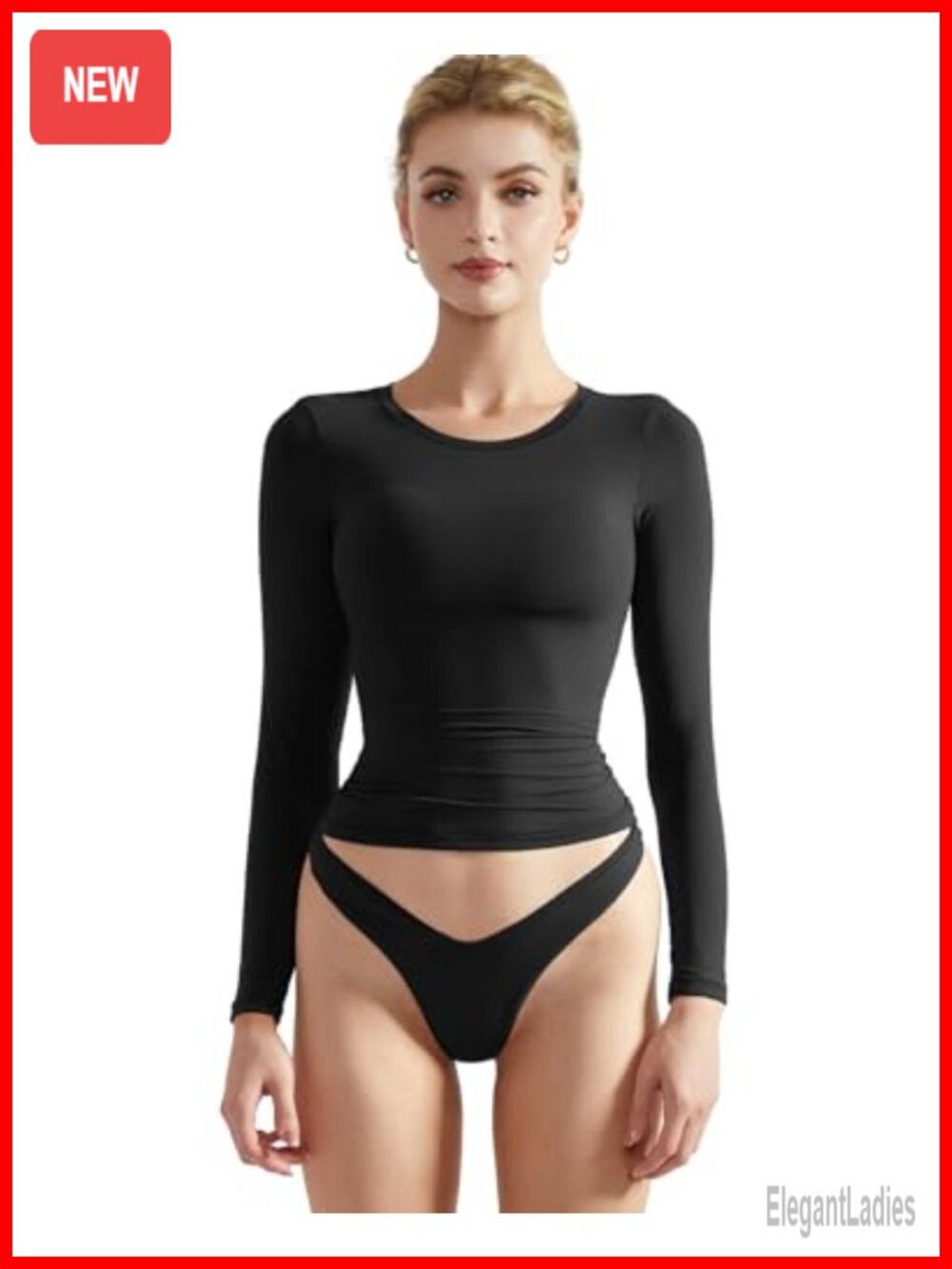 Women Double Lined Long Sleeve Fitted Crop Top Crew Neck
